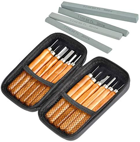 TIMESETL 17Pack Small Wood Carving Set, 12pcs Wood Carving Tools SK2 Carbon Steel + 4pcs Whetstone + 1pcs Storage Case for Beginners DIY Woodworking Sculpting Whittling with Safety Cap