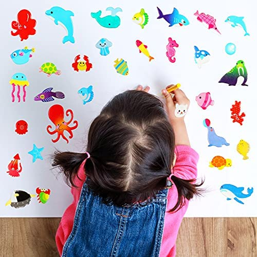 Fulmoon 288 Pieces/12 Sheets Kids Sea Animal Stickers 3D Puffy Stickers Toddlers Colored 3D Sticker Puffy Fish Stickers Decals Cartoon Sea Ocean Life Foam Sticker for Boy Girl Reward Scrapbooking