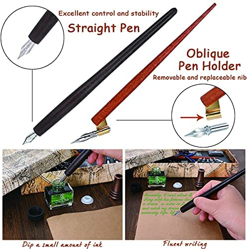 Calligraphy Pen Set - Calligraphy Set For Beginners Includes Oblique Pen Wooden Calligraphy Pen 12 Pen Nibs & 4 Different Color Inks Dip Pen Set Fountain Pen Set Retro Gift