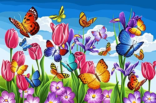 COOVLIV Paint by Numbers for Adults Tulip Flowers Butterflies, 16x24inch 10 Acrylic Brushes Flowers Paint by Numbers