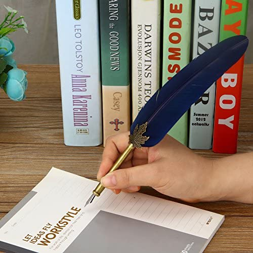 Feather Quill Pen Vintage Feather Dip Ink Pen Set Copper Pen Stem Writing Quill Pen Calligraphy Pen As Christmas Birthday Gift Set (Navy Blue)