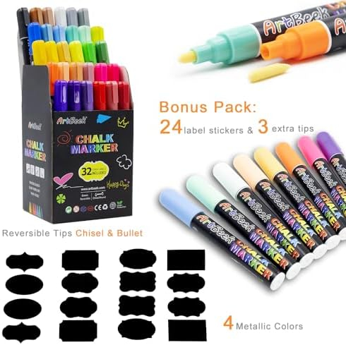 ArtBeek 30 Colors Chalk Markers Erasable Non-Toxic Dry Erase Chalk Markers Reversible Tips For Kids & Adults for Glass or Chalkboard Markers for Businesses