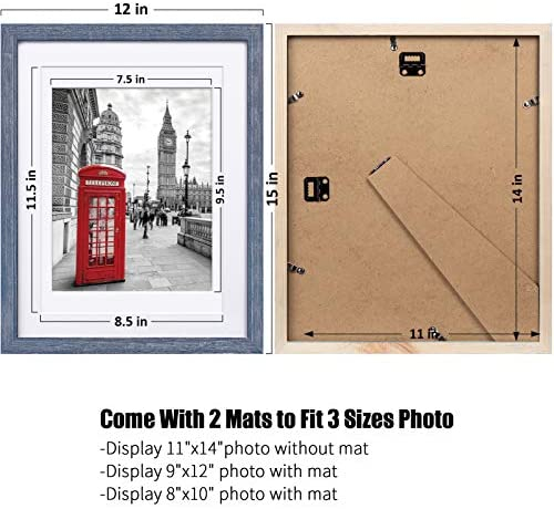 11x14 Picture Frames Solid Wood - Matted to Display Pictures 9x12 or 8x10 or 11x14 Frame without Mat - Wooden Photo Frame 11x14 inch Black with 2 Mats for Wall Mounting or Table Top (11x14