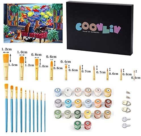 COOVLIV Paint by Numbers Cat Fish,16x24inch 10kits Nylon Acrylic Brushes Number Best Easy Paint by Number