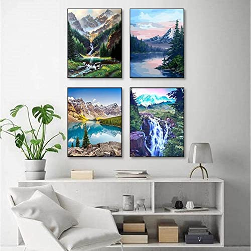 4 Pack Paint by Numbers, Mountains Waterfall Paint by Number for Adults Kids Beginner