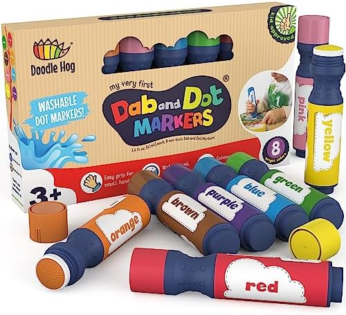 DOODLE HOG Washable Dot Markers for Toddlers Kids Preschool | 8 Colors Bingo Markers | Non Toxic Toddler Arts and Crafts Supplies | Paint Markers for Kids | PDF with 200 Dot Art Activity Sheets