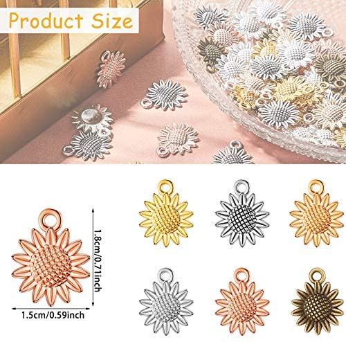 72 Pieces Sunflower Charms Pendant Vintage Sunflower Charm Bead Alloy Flower Charms Jewelry Finding Pendants Craft Supplies Pendant for Jewelry Necklace Bracelet Making Supplies, 6 Colors