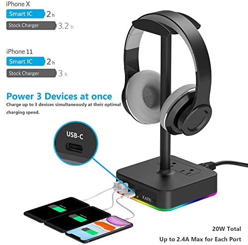 KAFRI RGB Headphone Stand with USB A&C Charger Desk Gaming Headset Holder Hanger Rack with 3 USB Charging Port and 2 Outlet - Suitable for Gamer Desktop Table Game Earphone Accessories Boyfriend Gifts