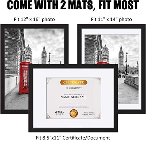 12x16 Picture Frames Made of Solid Wood Display Pictures 11x14 or 8.5x11 Diplomas with Mat or 12x16 Frame without Mat - Picture Frame for 11x14 Black With 2 Mats for Wall Mounting or Table Top Display