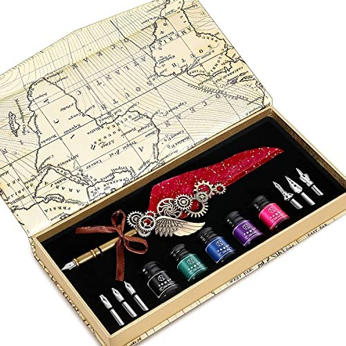 NC Feather Calligraphy Set, Quill Pen Ink Set Includes 5 Bottles of Ink and 6 Replaceable Stainless Steel Nibs
