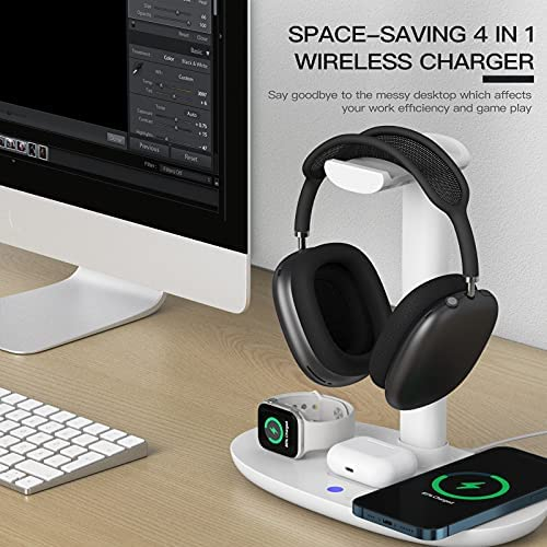 Headphone Stand with 15w Wireless Charger, Suguder 4 in 1 Qi Charging Station Headset Holder for AirPods Max/Pro/2 iWatch 7/6/5/4/3/2/1/SE iPhone 13/12/11/XS/XR/X/8 Series for Desktop Table Game