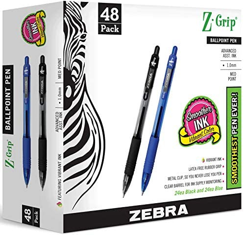 ZEBRA PENS bulk pack of 48 ink pens, Z-Grip Retractable ballpoint pens Medium point 1.0 mm