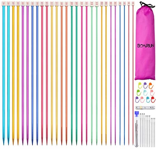 BCMRUN 28Pcs/14 Pairs Stainless Steel Knitting Needles Set, Colored Straight Single Pointed Metal Knitting Needles