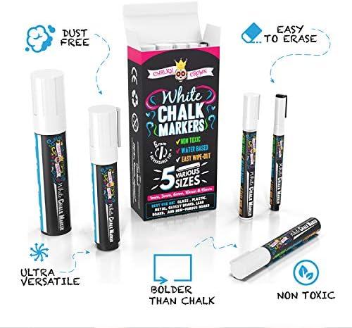 CHALKY CROWN 5pc White Chalk Markers - Non-Toxic Liquid Chalkboard Markers, White Liquid Chalk Marker for Windows