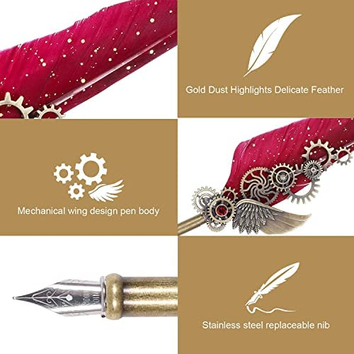 NC Feather Calligraphy Set, Quill Pen Ink Set Includes 5 Bottles of Ink and 6 Replaceable Stainless Steel Nibs