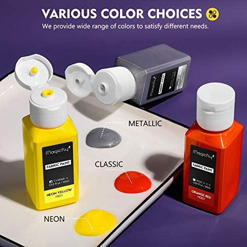 Magicfly Permanent Soft Fabric Paint Set for Clothes, Set of 14(60ml Each) Textile T-shirt Paints with 3 Brushes