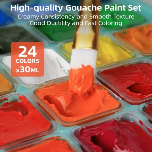 Gouache Paint Set of 24 Colors x 30ml(1 fl oz) with 5 Panit Brushes for Beginners, Cute Jelly Cups & Portable Case Design