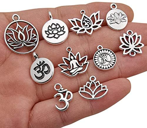 WOCRAFT 100g(80pcs) Craft Supplies Antique Silver Yoga OM Lotus Flower Charms for Jewelry Making Crafting Findings Accessory for DIY Necklace Bracelet (M294)