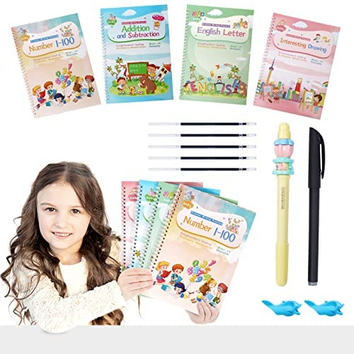 Magical Handwriting Workbooks Practice Copybook, Magic Calligraphy That Can Be Reused Handwriting Copybook Tracing Book (Enlarged-Version (4books+Pens))