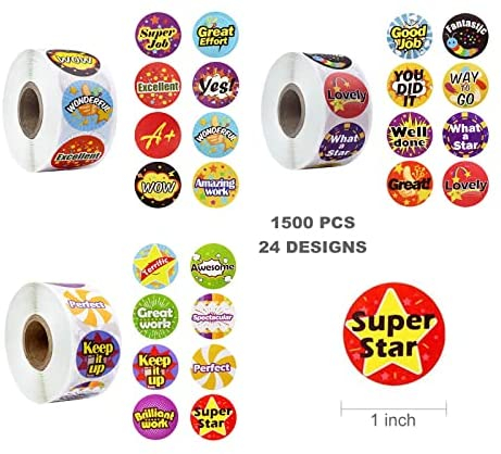 1500 PCS Reward Stickers for Students Kids in 24 Designs, Soykay 1 inch Round Encouragement Motivational Labels Stickers