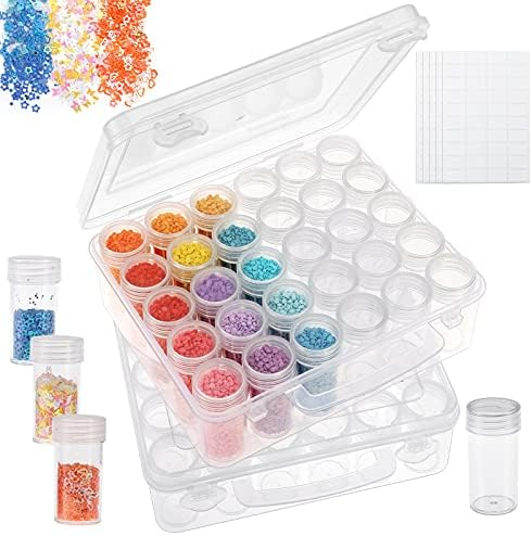 BAKHUK 2 Pack x 30 Grids Embroidery Diamond Painting Storage Container Jars with Lid 200pcs Label Stickers Plastic Beads Container for DIY Diamond Nail Art Crafts Seeds