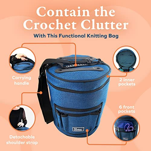 BeCraftee XL Crochet Bag - Large Craft Organizer to Store Crocheting & Knitting Supplies - Portable Yarn Storage with 7 Pockets for Tools, Shoulder Strap and Handle - Blue | Easy to Carry