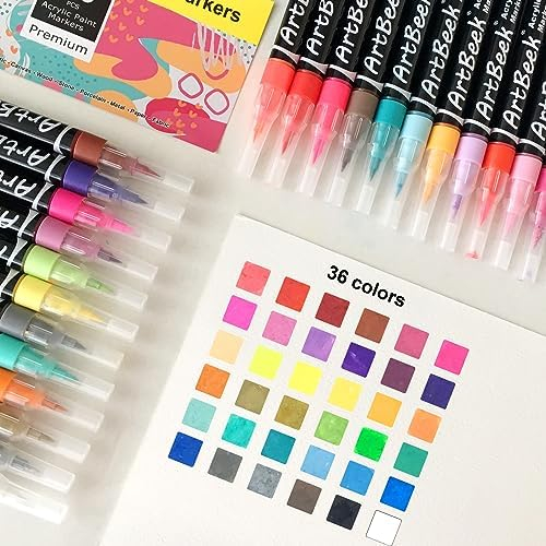 ArtBeek 36 Colors Acrylic Paint Markers, Paint Pens with Brush Tip