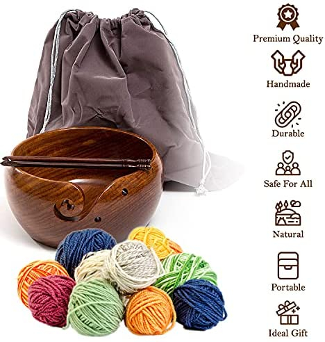 Eunoia Wooden Yarn Bowl Holder | Handmade Knitting Wool Storage Basket with Holes for Knitting, Crocheting
