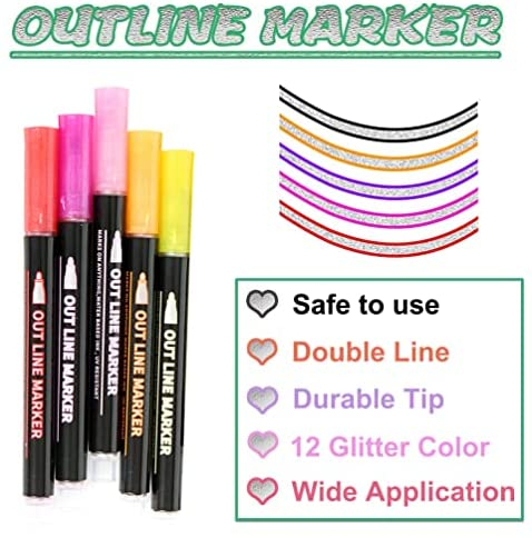 TaKicola Double Line Outline Markers Self-Outline Metallic Markers Glitter Writing Drawing Markers Set (12 Color Pens)