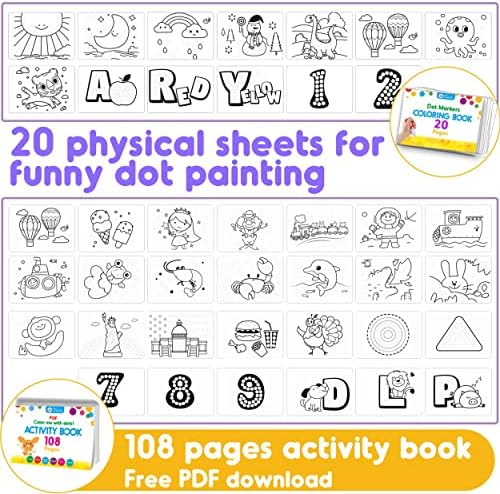 Jar Melo Washable Dot Markers Kit for 3-8+ Age Kids,12 Colors Non Toxic Dot Paint Markers with 108 Free Pdf Activity Book & Physical Sheets 2.1 fl.oz Bingo Daubers for Toddlers Art Craft Party Favors