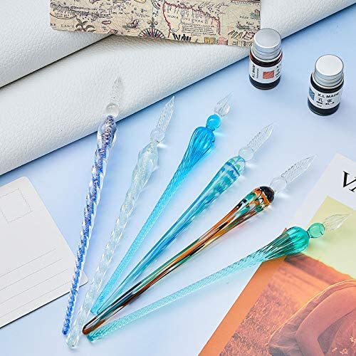 6 Pieces Handmade Glass Dip Pen Crystal Glass Signature Pen Calligraphy Glass Pen Vintage Dip Ink Pen Borosilicate Present Pen for Writing Drawing Signatures Calligraphy Decoration (Bright Color)