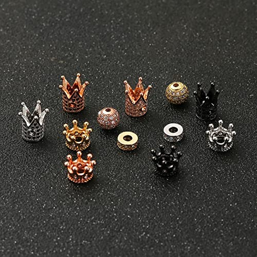 Loprome 24 Pieces King Crown Spacer Beads Crown Charms Rhinestone Beads Set, Mixed Color Brass Micro Pave Cubic Zirconia Round Ball Spacer Beads for Bracelet Necklace DIY Jewelry Making
