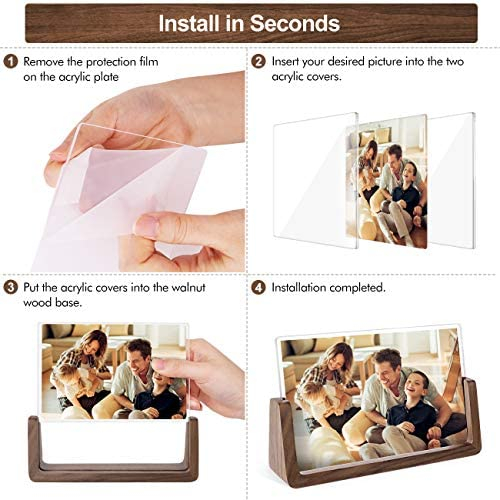 Mixoo Picture Frame 2 Pack - Rustic Wooden Photo Frames with Walnut Wood Base and High Definition Break Free Acrylic Glass Covers for Tabletop or Desktop Display (4x6 inch, Horizontal + Vertical)