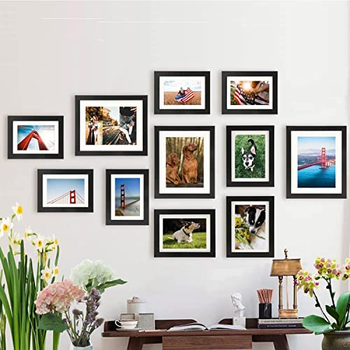 Picture Frames 8x10 Picture Frame Set of 2 Display Pictures 5x7 with Mat or 8x10 Without Mat Real Glass and Composite Wood for Wall or Tabletop Display Pre-Installed Wall Mounting Hardware Black