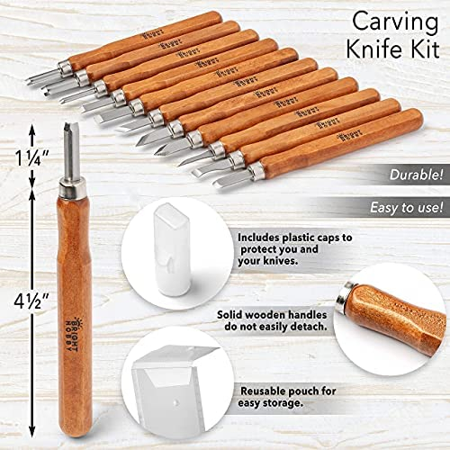 Bright Hobby's Wood Carving tools for beginners - 12 Piece Wood Carving Set for Beginners with Japanese SK2 Blades and Wooden Handles - Whittling Kit with Various Carving Tools - Great For Kids