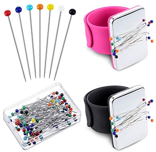2 Pieces Magnetic Sewing Pincushion Wrist Magnetic Pin Holder with 100 Pieces Colorful Sewing Pins Glass Headed Pins for Quilting Sewing Embroidery Supplies (Black, Rose Red)