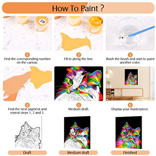 VIKMARI Framed Paint by Numbers Kits for Kids, DIY Painting by Numbers with Frame Paint by Number for Adults with 3X Magnifier and Brushes Colorful Cat 16x 20 inch (Framed)