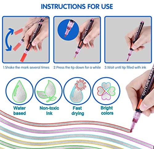 Super Squiggles Outline Markers Pens -12 Colors Double Line Markers for Art,Super Squiggles Shimmer Markers Set
