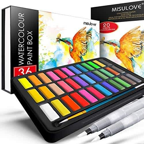 MISULOVE Watercolor Paint Set, 36 Premium Colors in Gift Box with Bonus Watercolor Paper and Watercolor Brush Pens