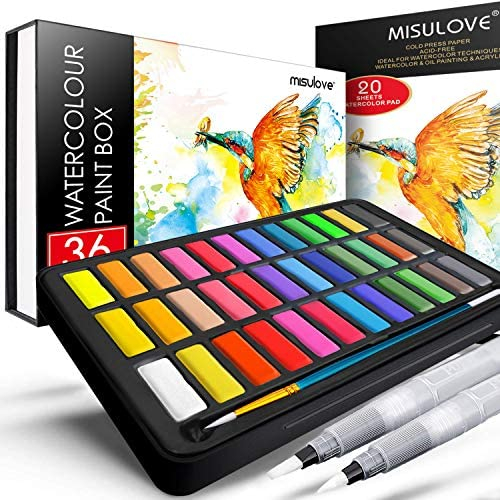 MISULOVE Watercolor Paint Set, 36 Premium Colors in Gift Box with Bonus Watercolor Paper and Watercolor Brush Pens