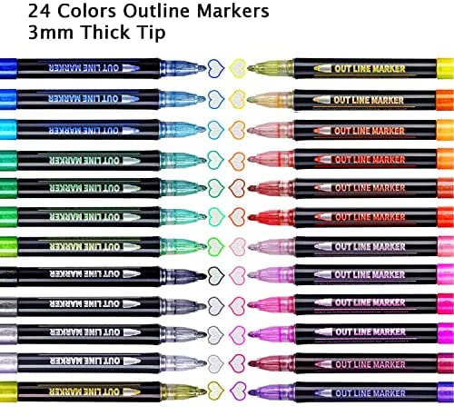 24 Color Double Line Outline Marker Pens, Super Squiggles Outline Pens 3mm Thick Doodle Glitter Outline Markers for Kids