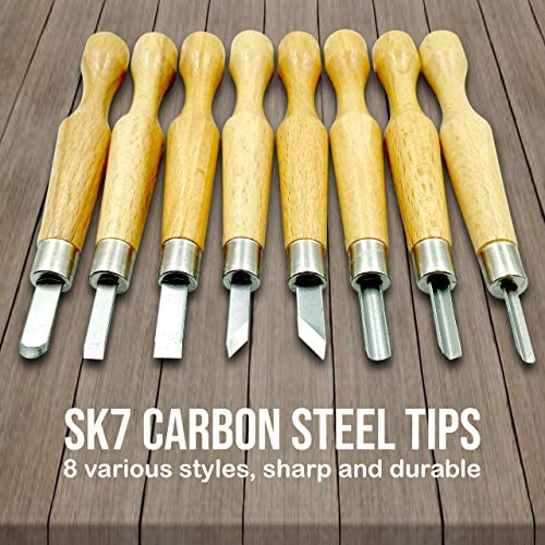 JJ CARE Wood Carving Kit with 8 Piece Wood Carving Tools & 10 Wood Blocks for Kids and Adults, Premium Wood Carving Set SK7 Carbon Steel Tools