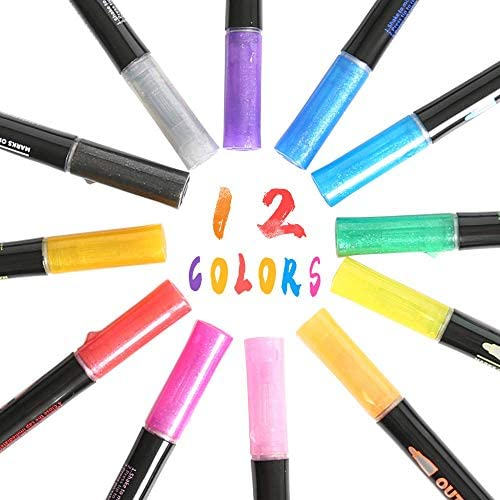 Super Squiggles Shimmer Pens Magic Silver Metallic Self Outline Sparkling Glitter Permanent Markers Pen Set for Card Making Scrapbook with Magically-Appearing Colored Outlines