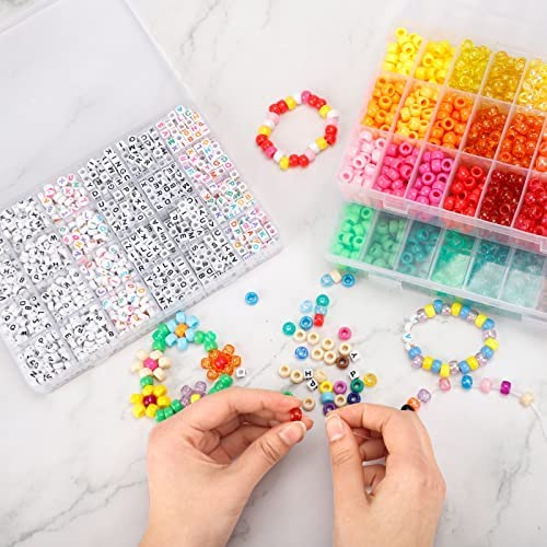Quefe 3960pcs Pony Beads Craft Bead Set, 2400pcs Rainbow Beads in 48 Colors and 1560pcs Letter Beads with 20 Meter Elastic Threads for Bracelet Jewelry Necklace Making