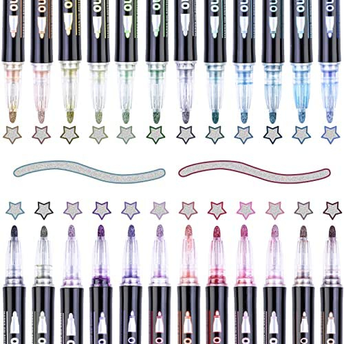 SGDZVD Super Squiggles Outline Markers, 24 Colors Self-Outline Metallic Markers Glitter Writing Drawing Pens