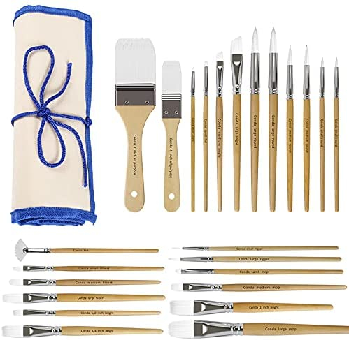 CONDA Paint Brushes Set of 24 Different Shapes Ergonomic Professional Wood Handles with Organizing Case for Acrylic Oil Watercolor, Rock Painting