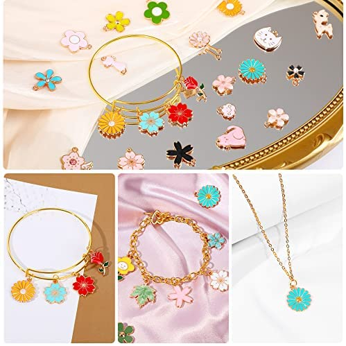 MARFOREVER 120 Pcs Spring Summer Gifts Floral Themed Flower Charms for Jewelry Making, Assorted Gold Enamel Charm Pendants for DIY Necklace Bracelet Making Supplies