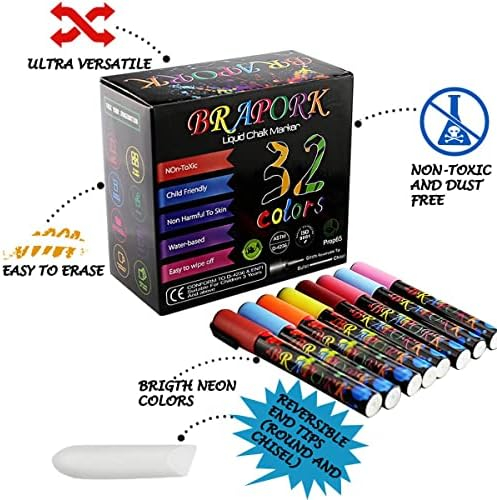 Brapork Liquid Chalk Markers [ Pack of 32 Color ] - For Chalkboard Signs, Blackboards