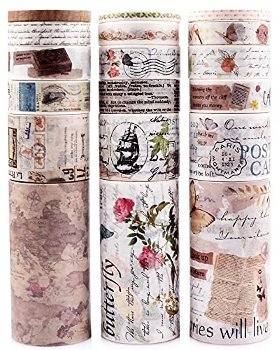 18 Rolls Vintage Washi Tape Set,75/30/15/10/5mm Wide Floral Map Stamp Letter Antique Retro Decorative Masking Tape Sets for Scrapbook
