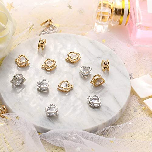 100 Pieces Cubic Zirconia Alloy Heart Shaped Charms Crystal Pendants Charms for Jewelry Making Choker Tiny Dangle DIY Necklace Jewelry Making, KC Gold and White K